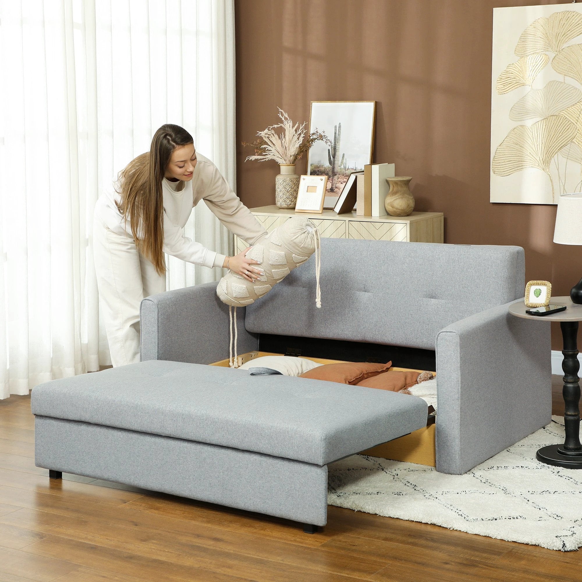 HOMCOM Premium Convertible Loveseat 60in Wide With Storage Office - Uncategorized Sofa Bed