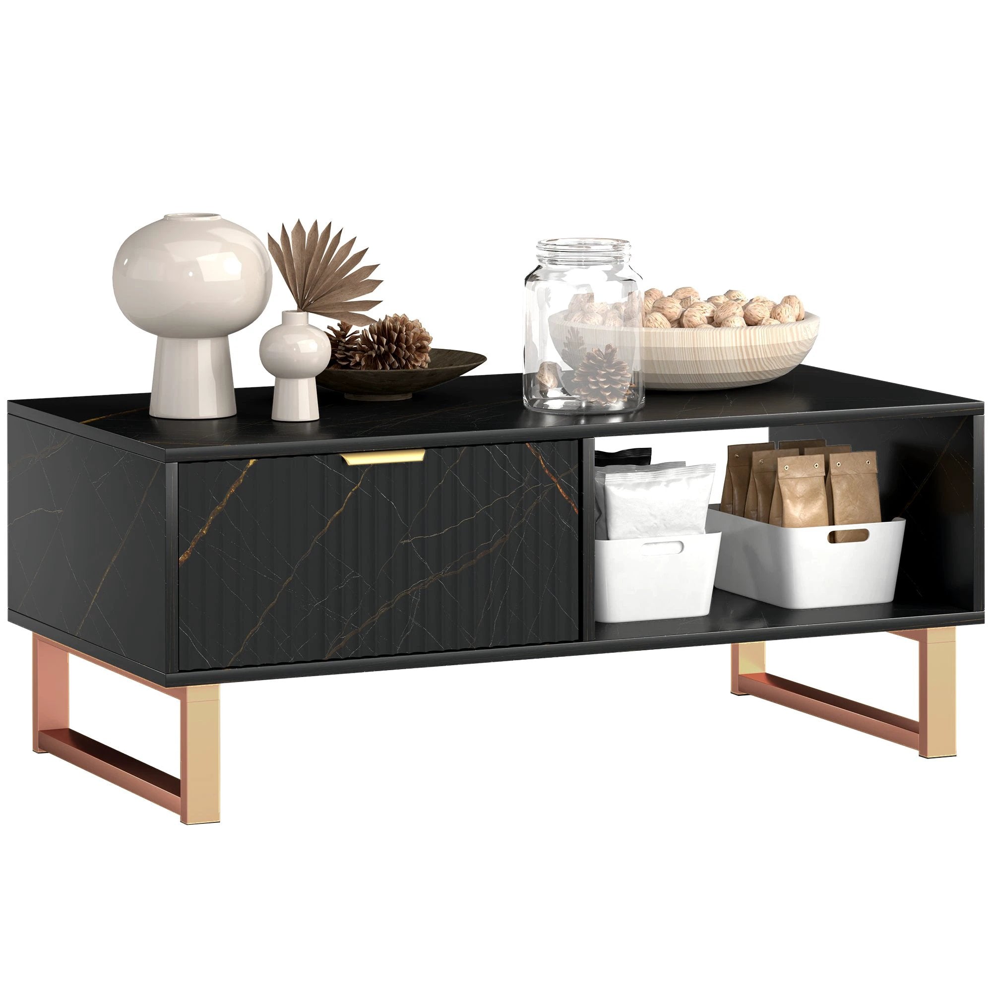 HOMCOM Marble Pattern Coffee Table With Fluted Drawer And Open Shelves Gold Accents For Living Room by HOMCOM