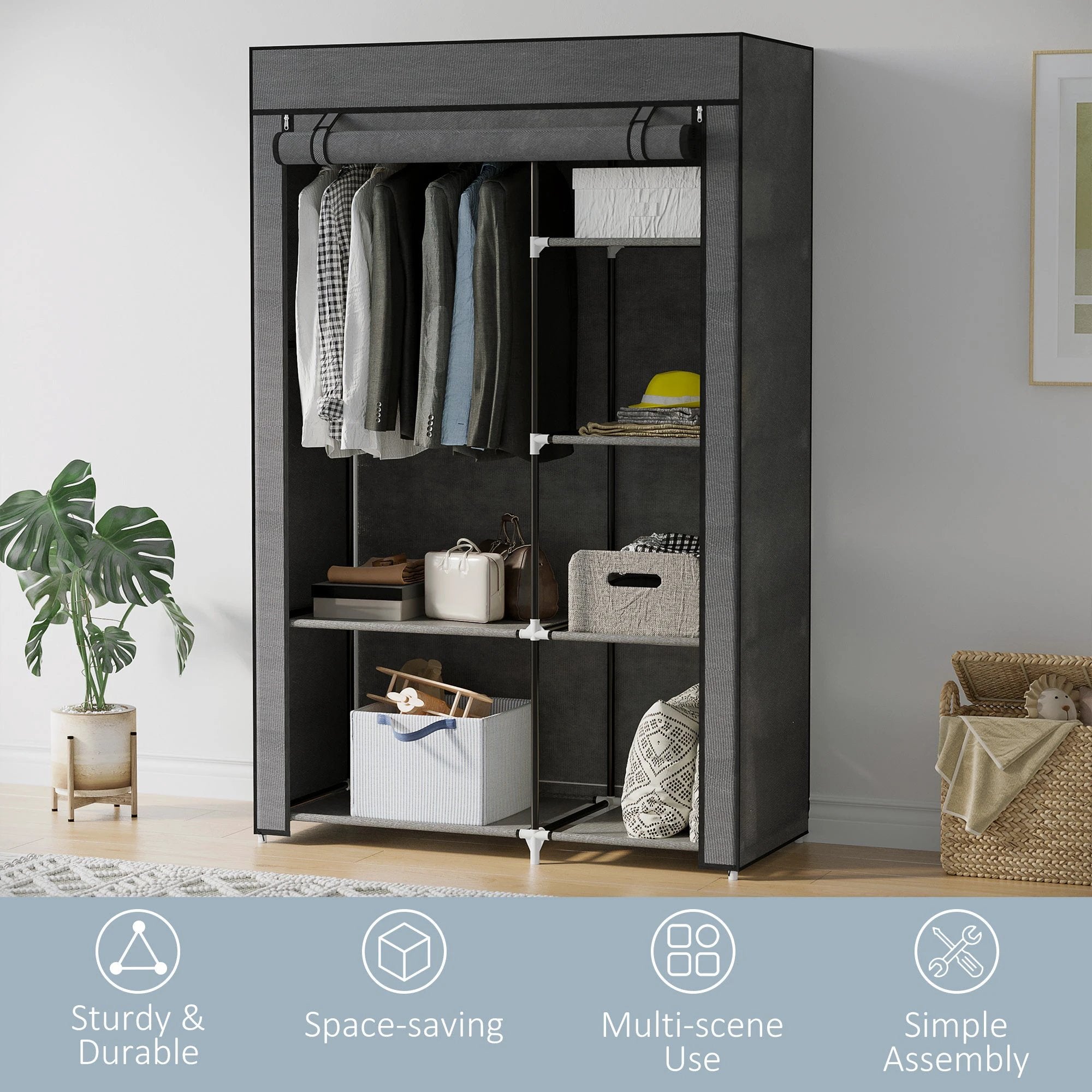 HOMCOM Fabric Wardrobe w/ Shelves Hanging Rail Foldable Closets by HOMCOM