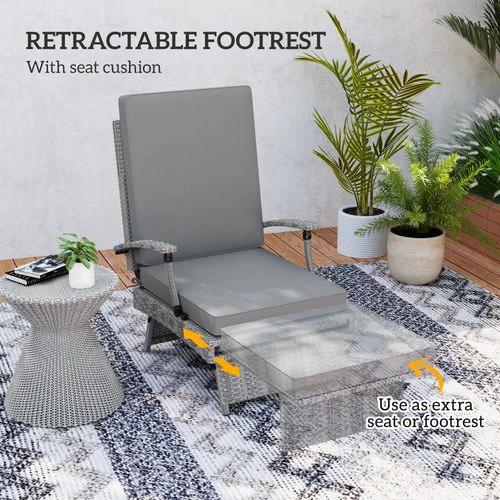 Outsunny Outsunny Foldable Rattan Garden Recliner Chair with Cushion and Footrest for Outdoor Relaxation and Comfort - Sun Lounger