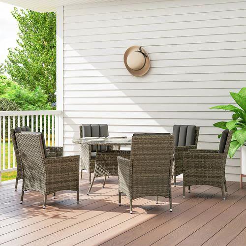 Outsunny Outsunny 6 Seater Rattan Outdoor Dining Set with Tempered Glass Top and Cushions for Family Gatherings - Garden Set