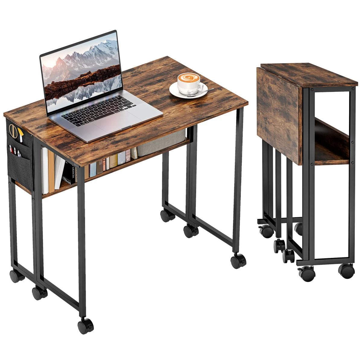 HOMCOM HOMCOM Foldable Computer Desk 80cm Wide On Wheels with Drop Leaf and Storage Shelf for Small Spaces - Desk