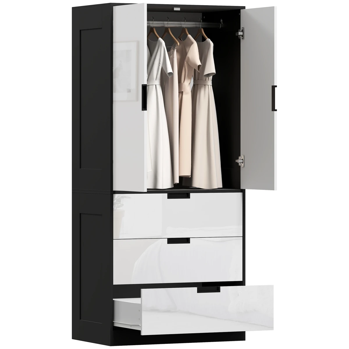 HOMCOM 2 Door Wardrobe White With 3 Drawers And Hanging Rod by HOMCOM
