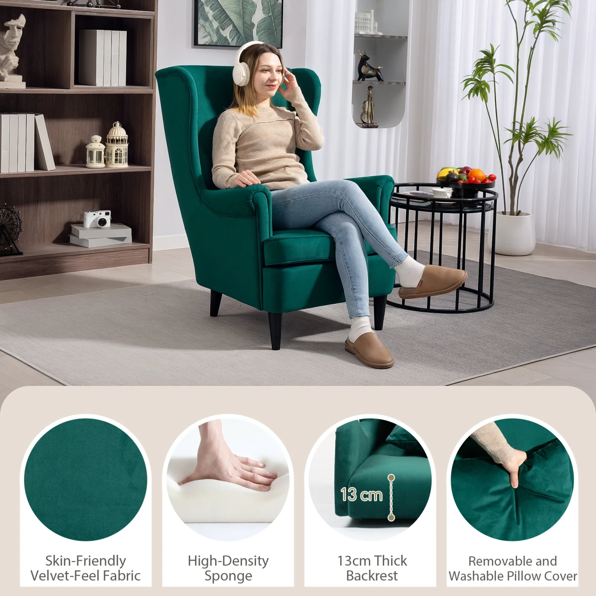 HOMCOM Wingback Chair 70cm High Velvet Comfort Living Room by HOMCOM