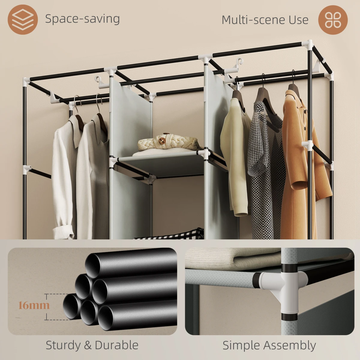 HOMCOM HOMCOM Portable Wardrobe w/ 5 Shelves 3 Fabric Drawers and 2 Hanging Rails -