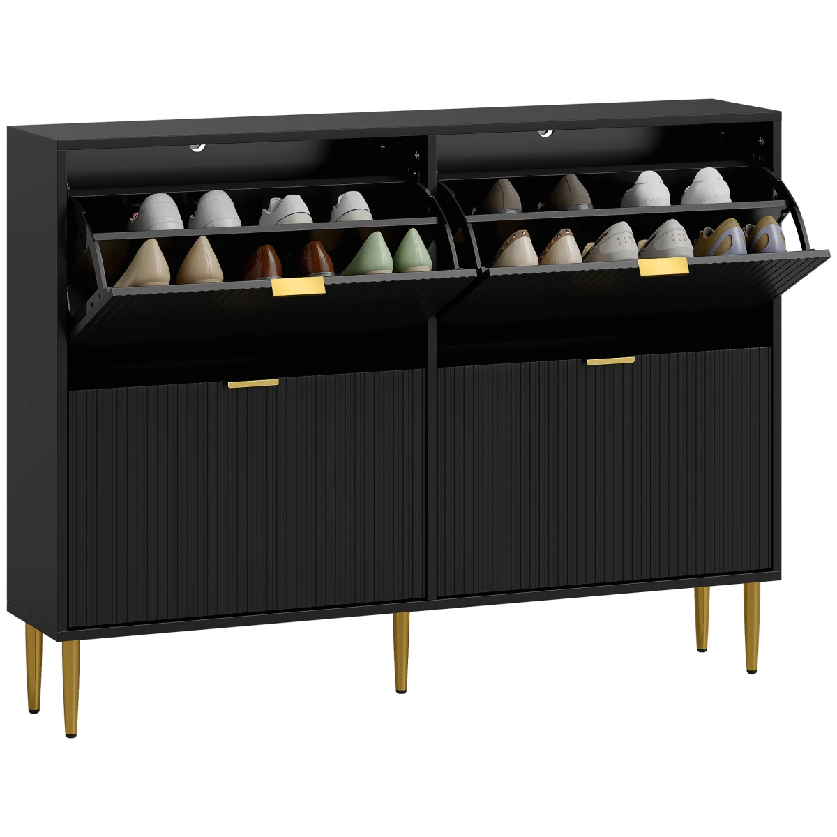 HOMCOM HOMCOM Slim Shoe Cabinet With Flip Drawers For Hallway Fluted Doors Gold Handles Holds 12 Pairs - Shoe Storage