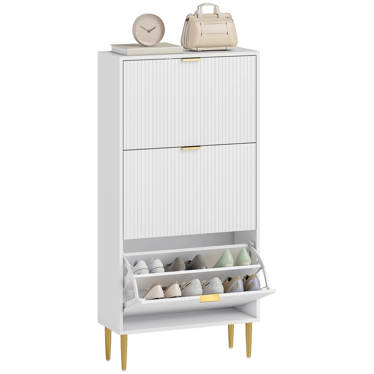 HOMCOM HOMCOM Slim Shoe Cabinet With Flip Drawers For Hallway Fluted Doors Gold Handles Holds 12 Pairs - Shoe Storage