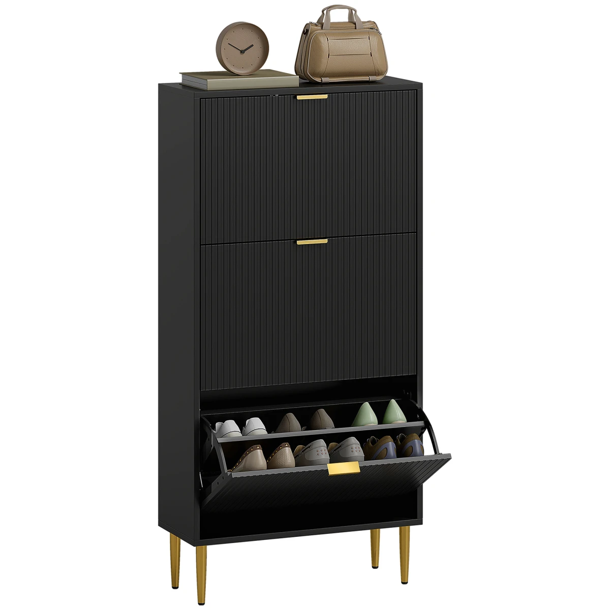 HOMCOM HOMCOM Slim Shoe Cabinet With Flip Drawers For Hallway Fluted Doors Gold Handles Holds 12 Pairs - Shoe Storage