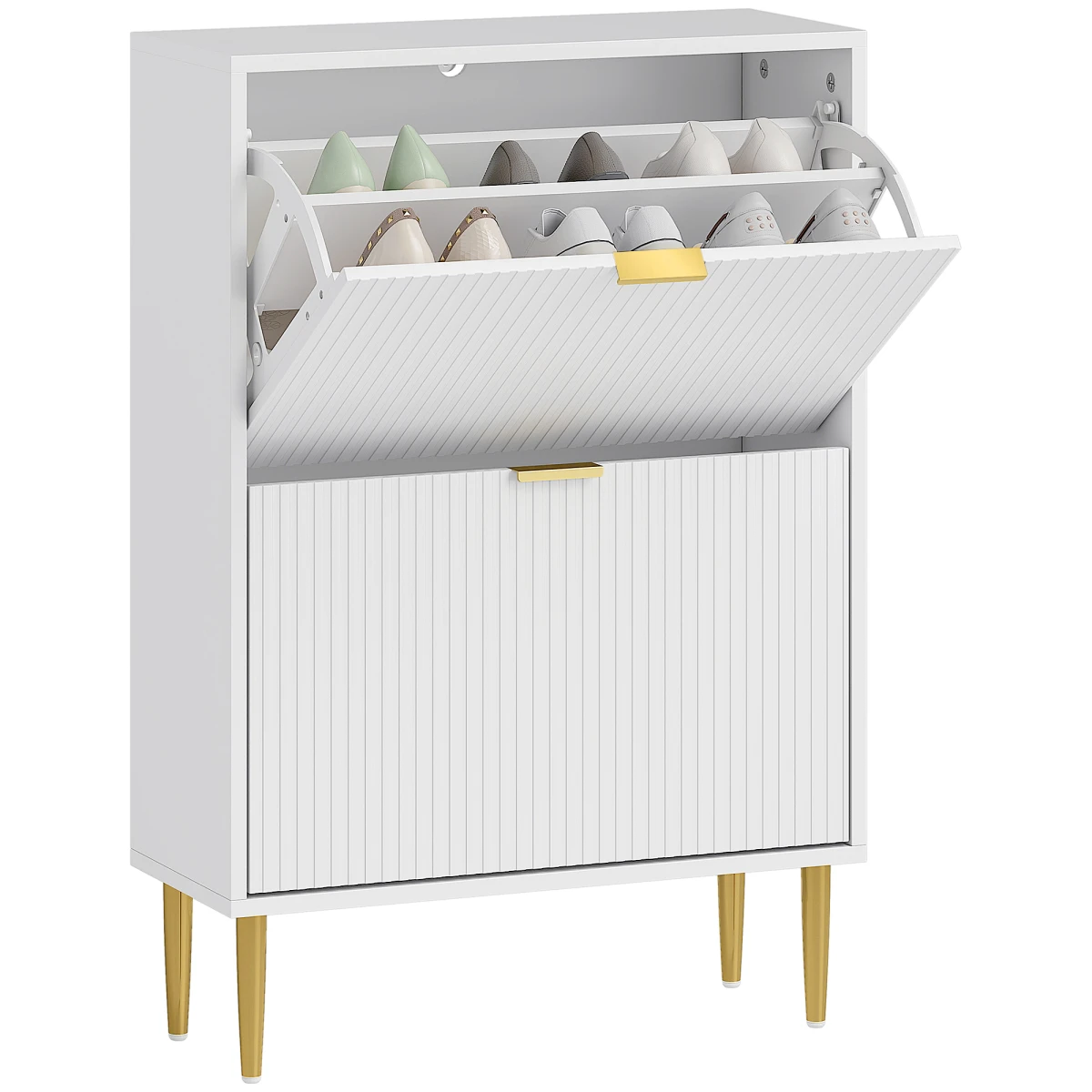 HOMCOM Slim Shoe Cabinet With Flip Drawers For Hallway Fluted Doors Gold Handles Holds 12 Pairs by HOMCOM