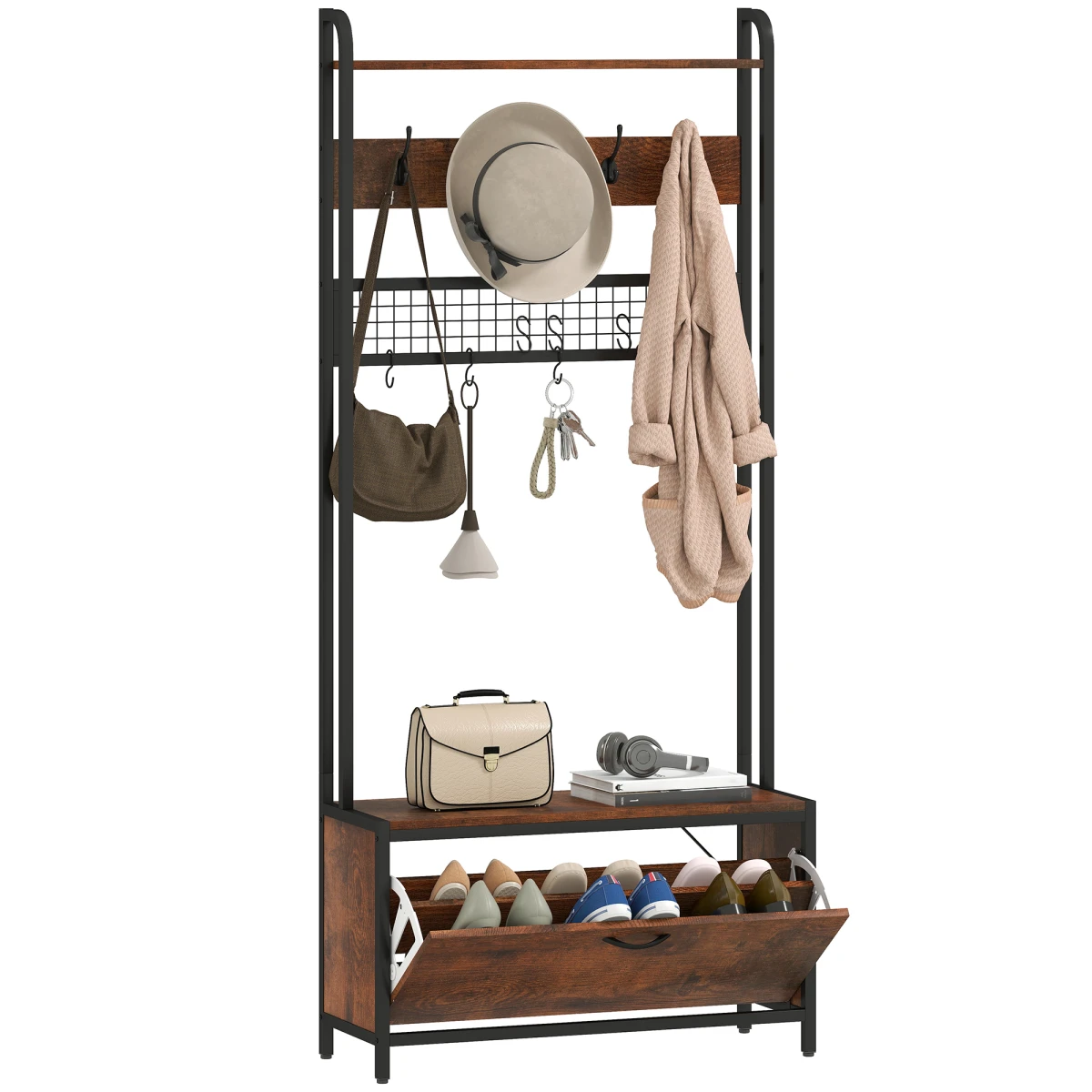 HOMCOM Industrial Hall Tree Coat Rack With Shoe Cabinet Grey Tall 5 In 1 Organizer For Hallways by HOMCOM
