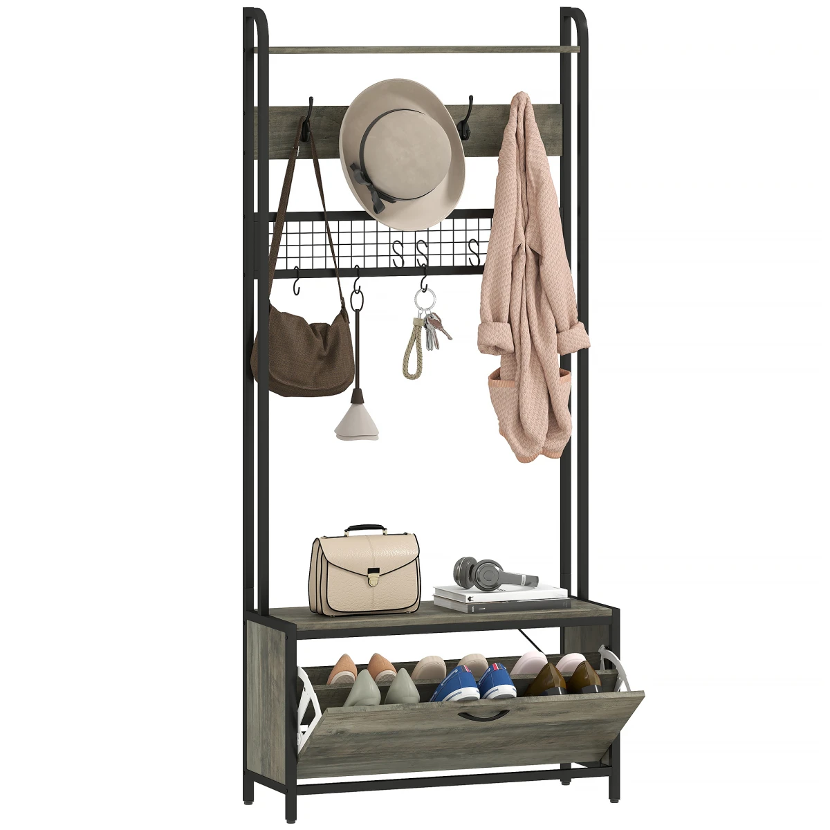 HOMCOM Industrial Hall Tree Coat Rack With Shoe Cabinet Grey Tall 5 In 1 Organizer For Hallways by HOMCOM