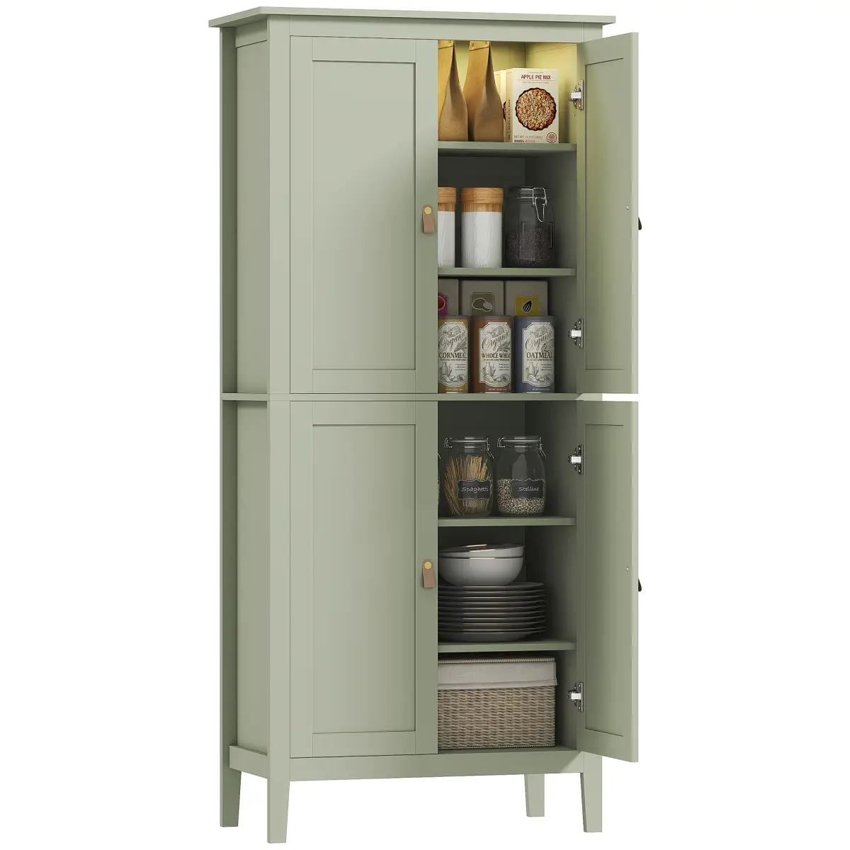 HOMCOM HOMCOM 176.5 cm Tall Freestanding Pantry Storage Cabinet with 4 Doors Green - Display Cabinet