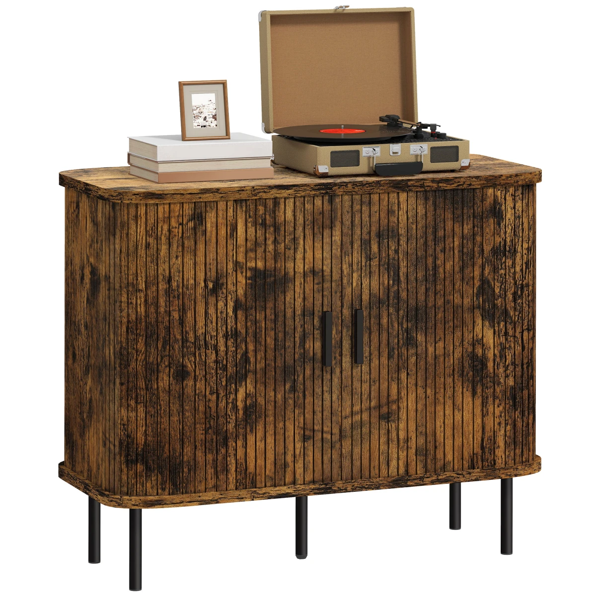 HOMCOM Sideboard Storage Cabinet Grey Slatted Tambour Sliding Doors Two Compartments Modern Rustic Living Room Console - Sideboard
