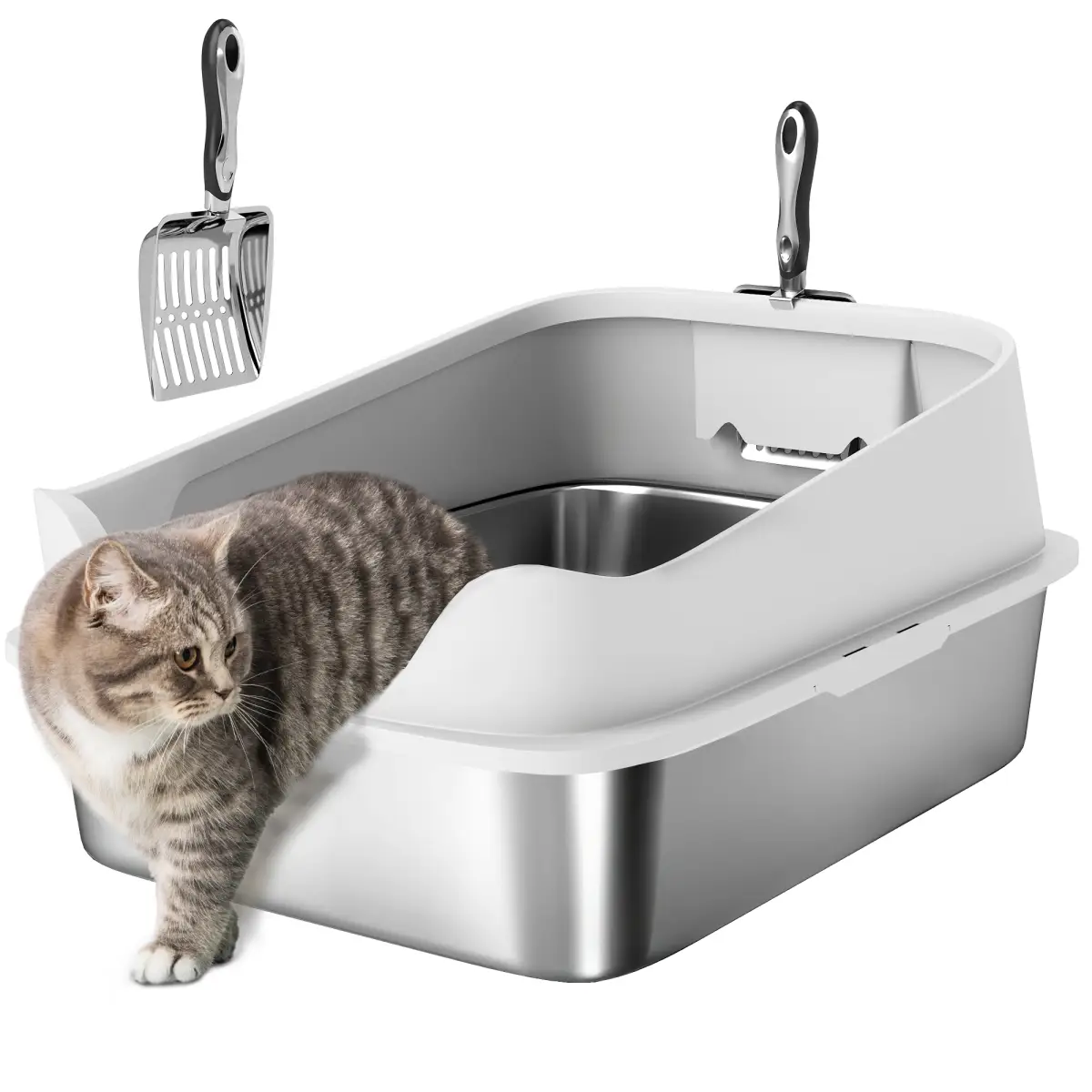 PawHut Stainless Steel Cat Litter Box with High Sides, 43 x 33 x 25 cm - Cat Litter