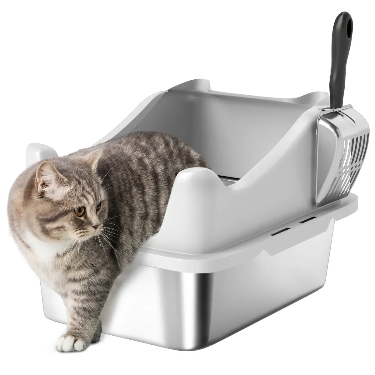 PawHut Stainless Steel Cat Litter Box with High Sides, 43 x 33 x 25 cm - Cat Litter