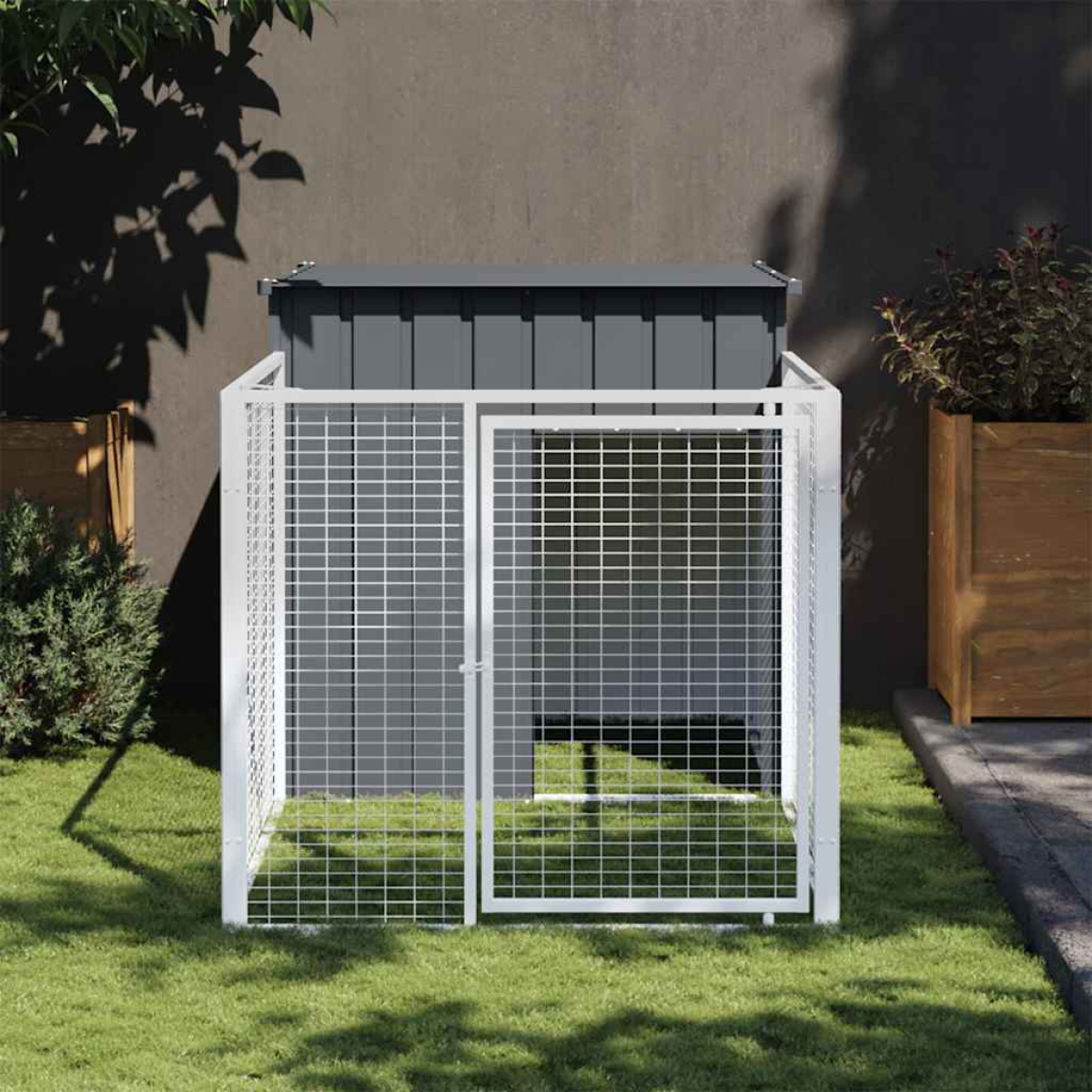 vidaXL Dog House with Run Anthracite 110x405x110 cm Galvanised Steel - from vidaXL