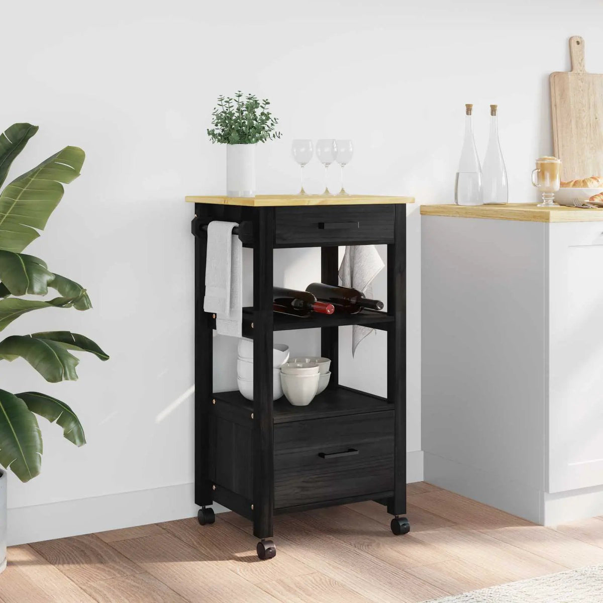 vidaXL Kitchen Trolley MONZA Black 48 x 40 x 88.5 cm Solid Pine Wood - from vidaXL