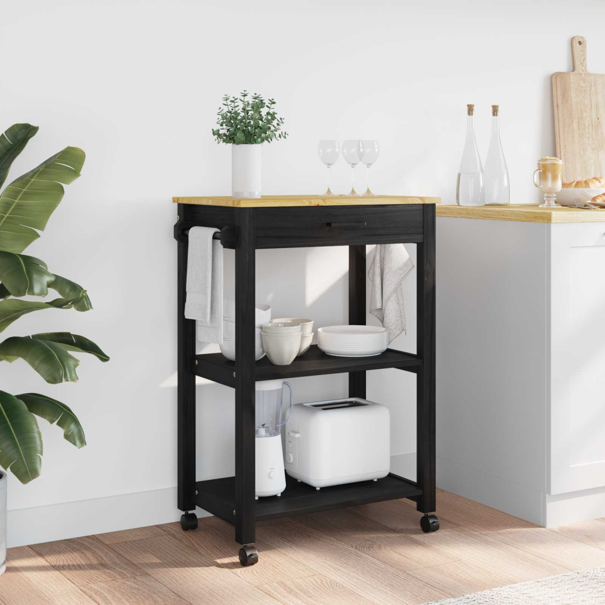 vidaXL Kitchen Trolley MONZA Black 60 x 40 x 88.5 cm Solid Pine Wood - from vidaXL
