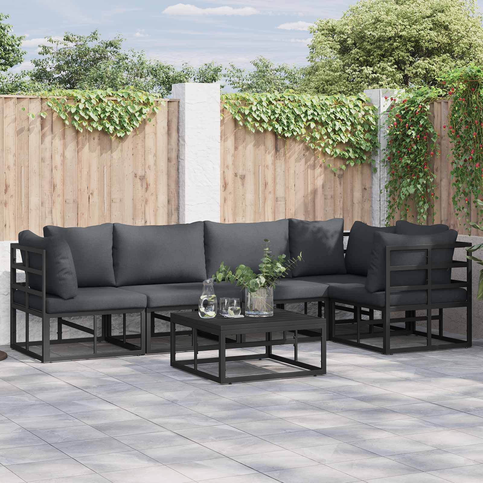vidaXL vidaXL Garden Sofa Set with Cushion 5 pcs Black Aluminium - Garden Sofa Sets