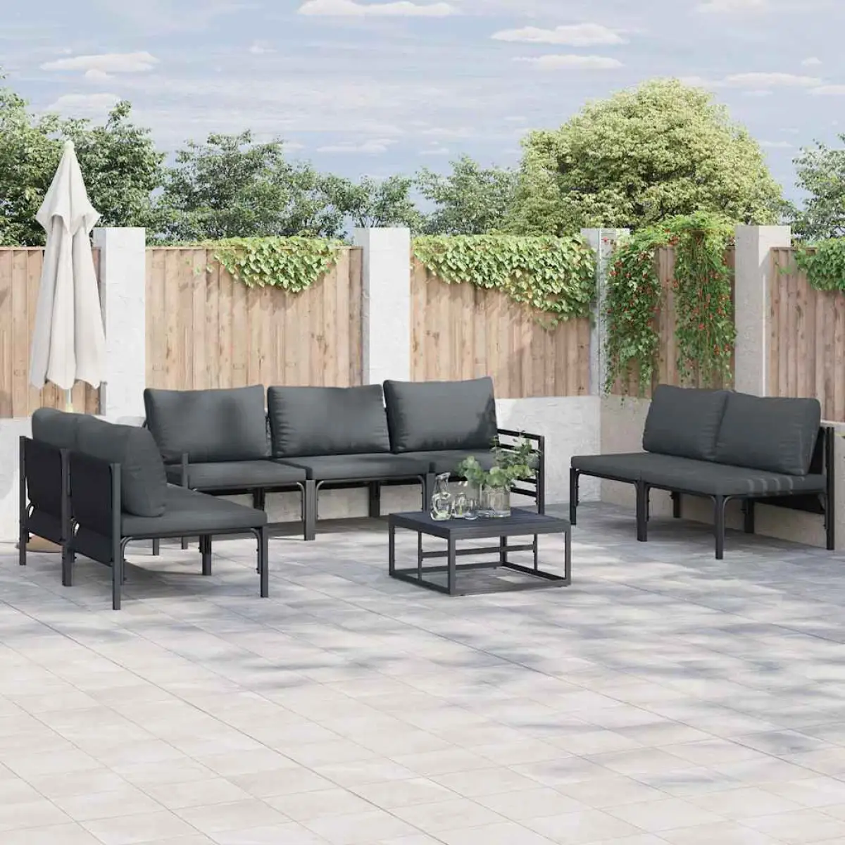 vidaXL vidaXL Garden Sofa Set with Cushion 7 pcs Black Steel - Garden Sofa Sets