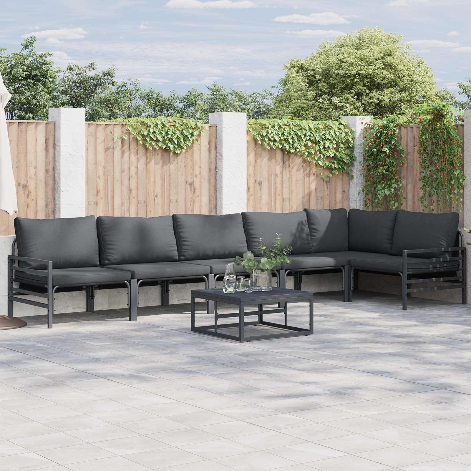 vidaXL vidaXL Garden Sofa Set with Cushion 6 pcs Black Steel - Garden Sofa Sets