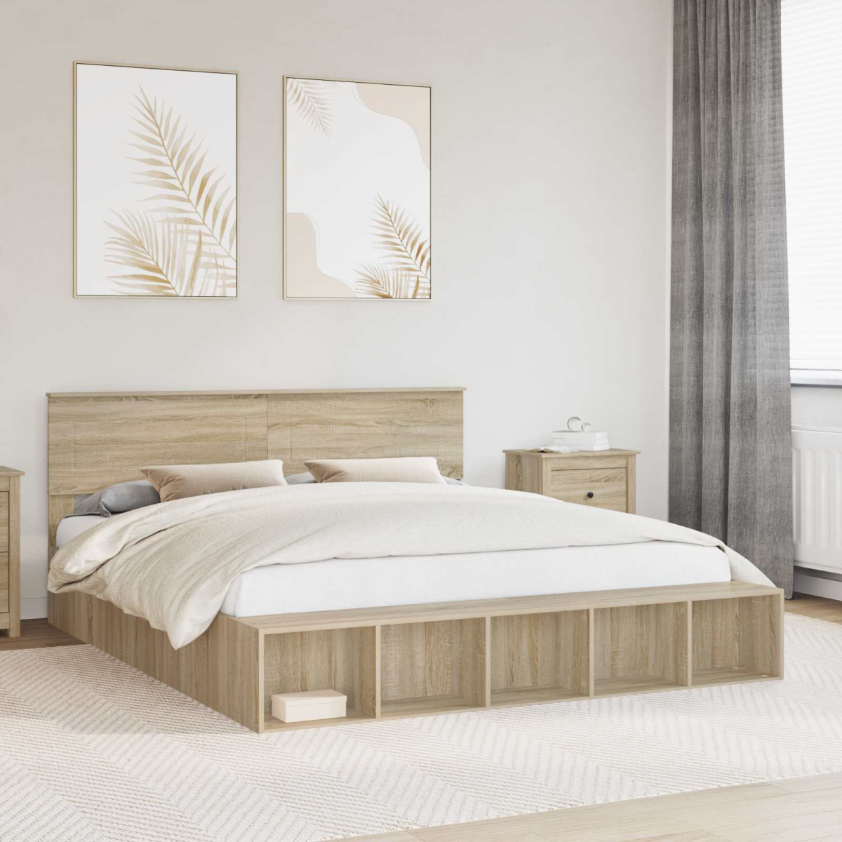 vidaXL Bed Frame with Shelf Grey Sonoma 200 x 200 cm Engineered Wood - from vidaXL