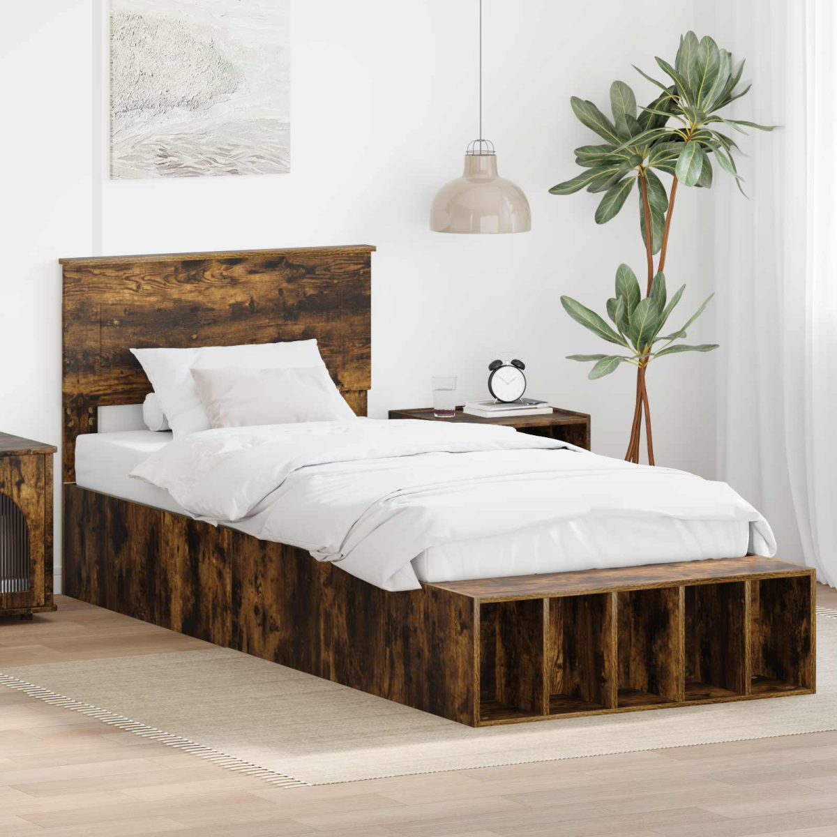 vidaXL Bed Frame with Shelf Grey Sonoma 200 x 200 cm Engineered Wood - from vidaXL