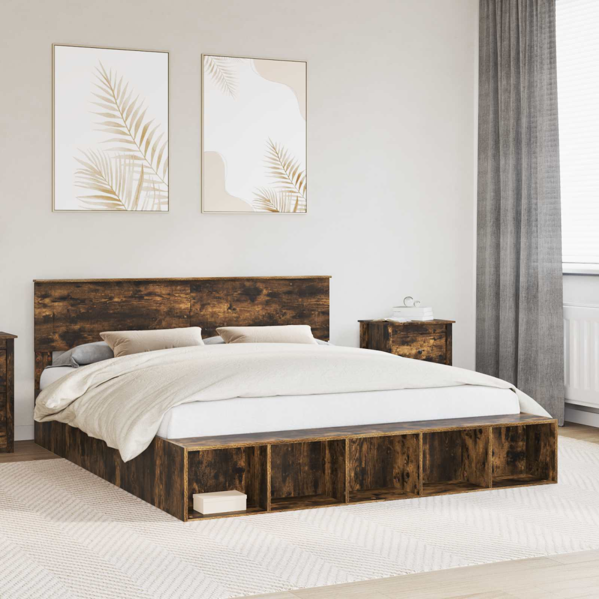 vidaXL Bed Frame with Shelf Grey Sonoma 200 x 200 cm Engineered Wood - from vidaXL