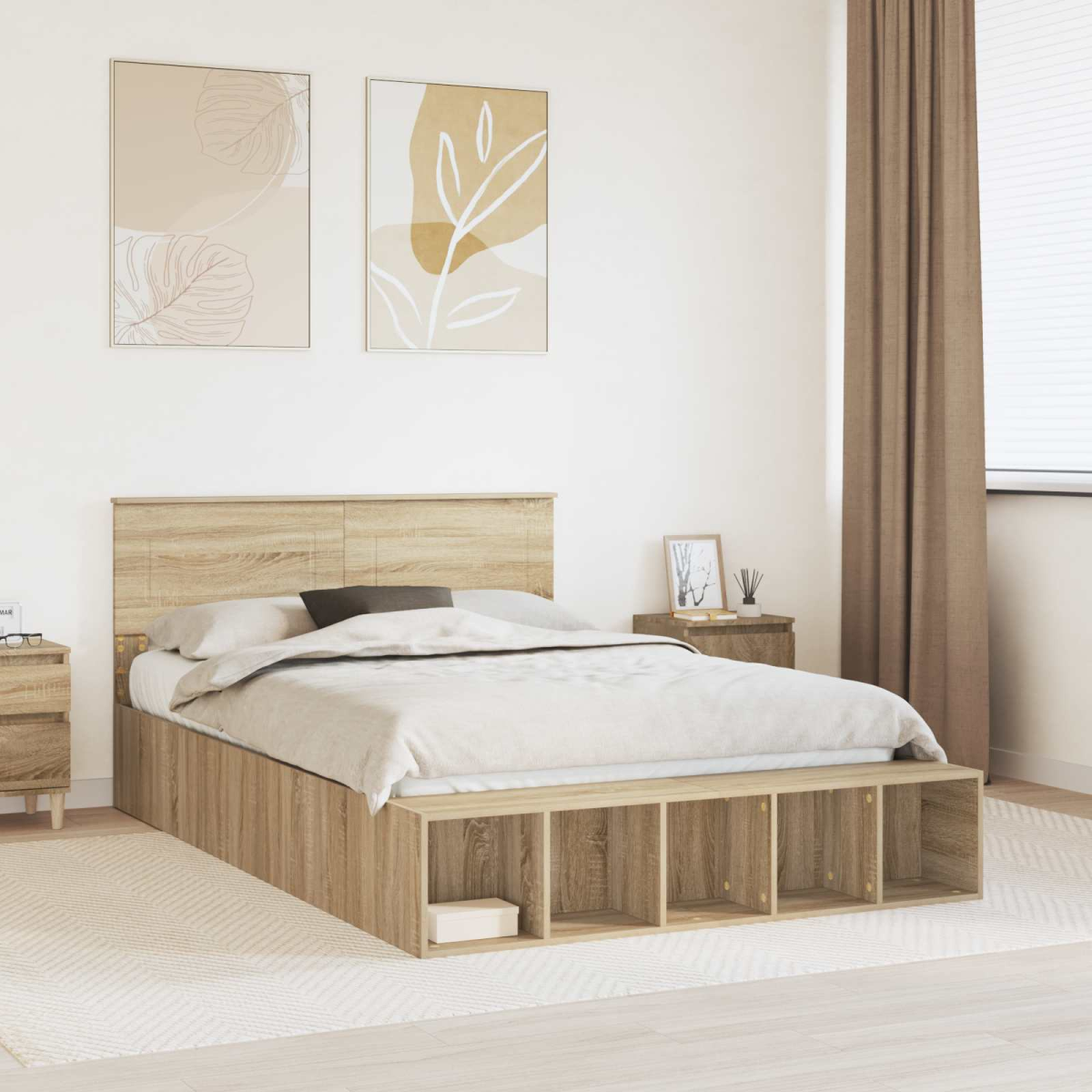 vidaXL Bed Frame with Shelf Grey Sonoma 200 x 200 cm Engineered Wood - from vidaXL