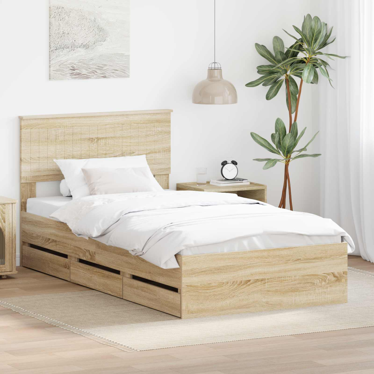 vidaXL Bed Frame with Drawer Concrete Grey 140 x 190 cm Engineer Wood - from vidaXL