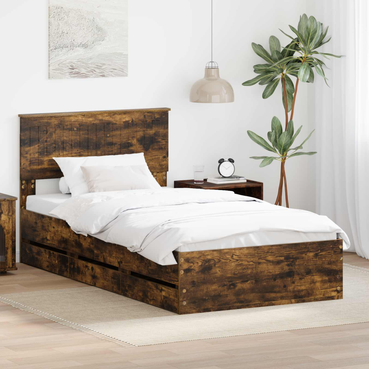 vidaXL Bed Frame with Drawer Concrete Grey 140 x 190 cm Engineer Wood - from vidaXL