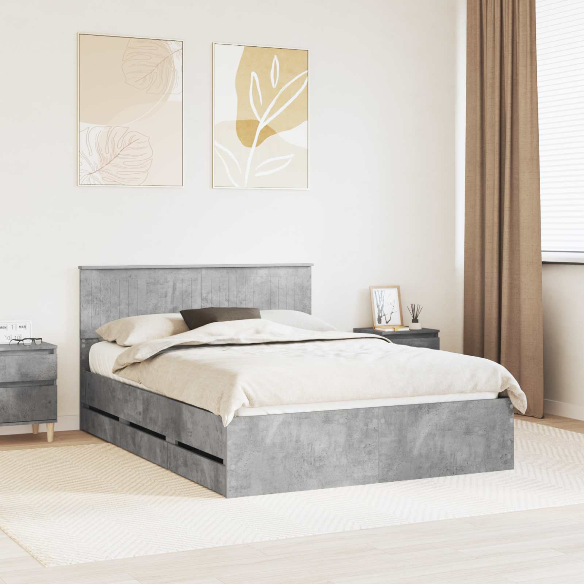 vidaXL Bed Frame with Drawer Concrete Grey 140 x 190 cm Engineer Wood - from vidaXL