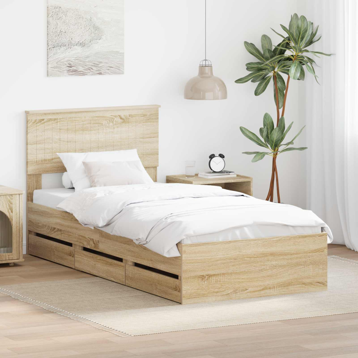 vidaXL Bed Frame with Drawer Concrete Grey 140 x 190 cm Engineer Wood - from vidaXL