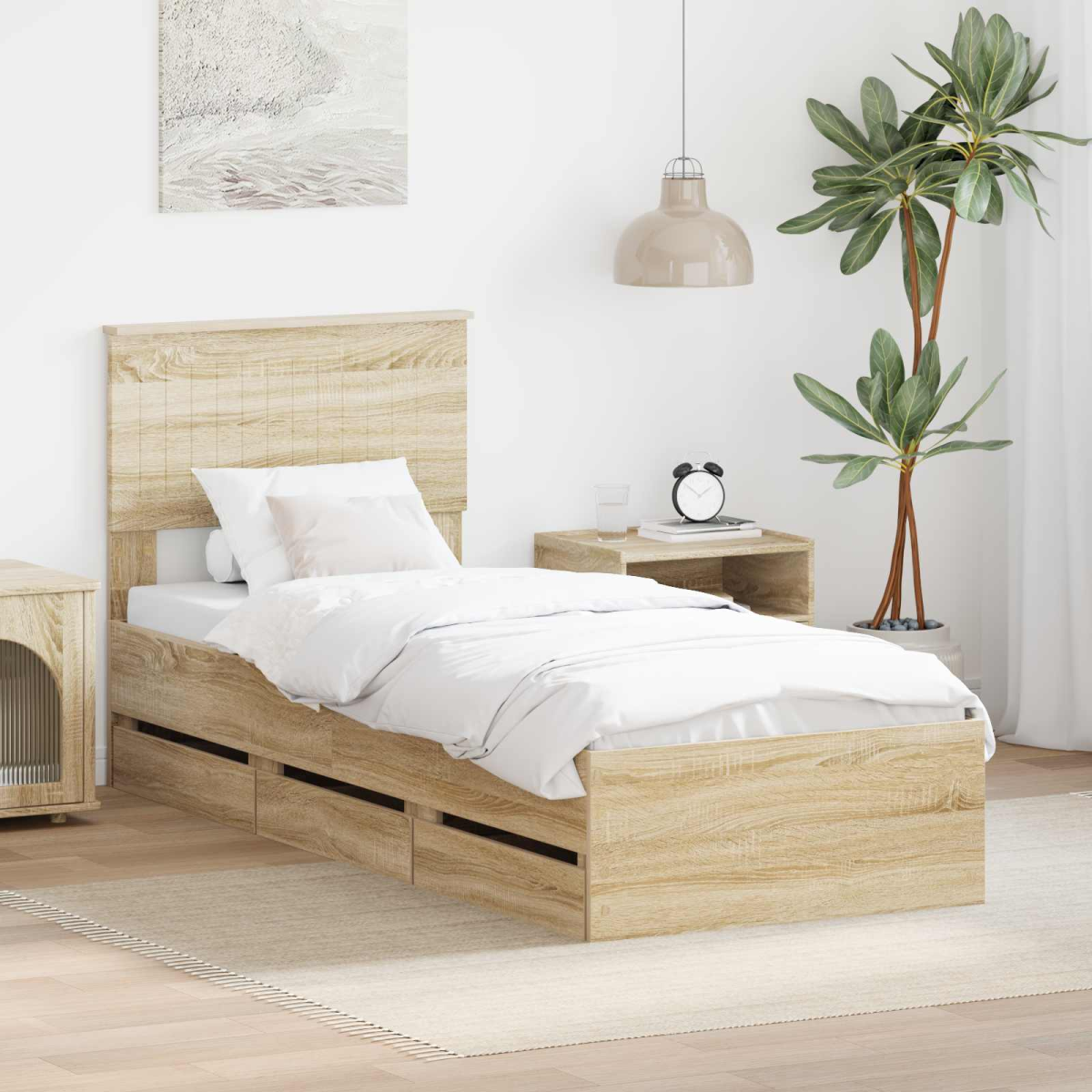 vidaXL Bed Frame with Drawer Concrete Grey 140 x 190 cm Engineer Wood - from vidaXL