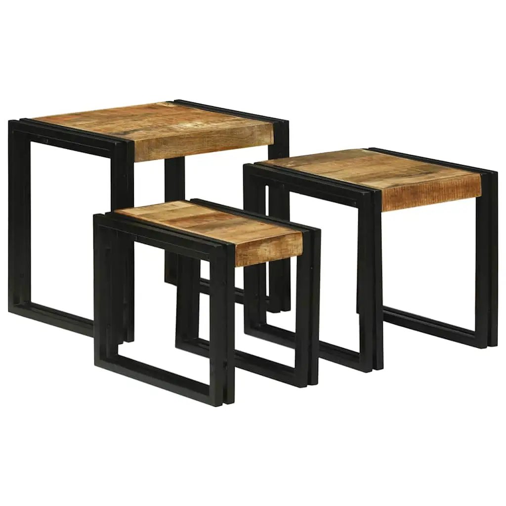 vidaXL vidaXL Nesting Table 3 pcs Brown and Black Solid Mango Wood and Metal - Nest of Tables