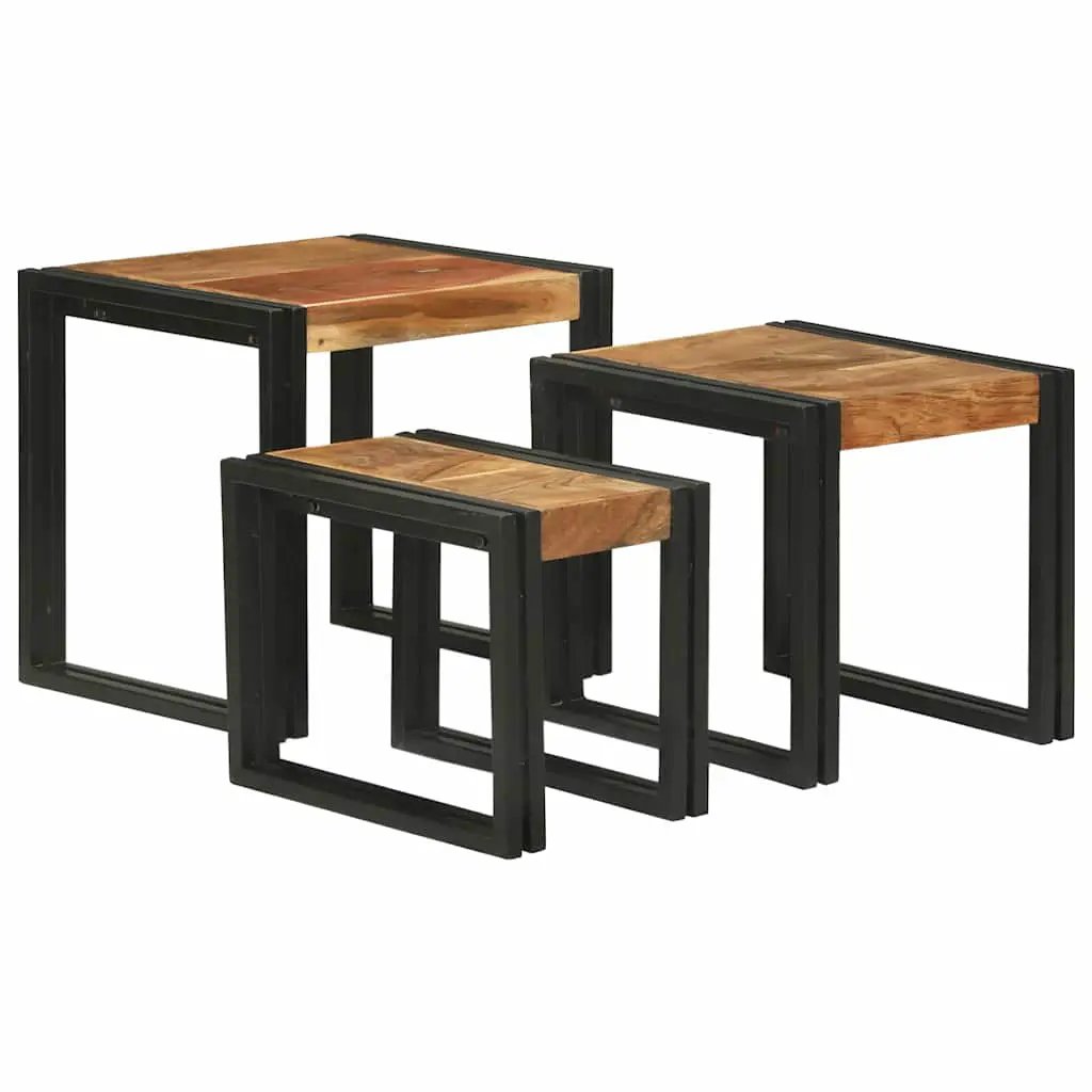 vidaXL vidaXL Nesting Table 3 pcs Brown and Black Solid Mango Wood and Metal - Nest of Tables