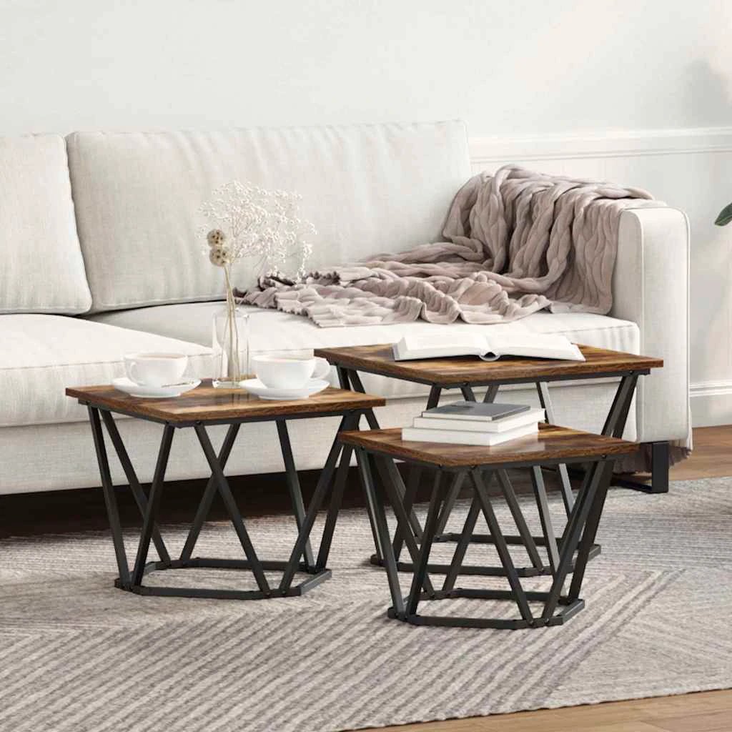 VidaXL Three-Piece Nesting Coffee Tables Black Oak Engineered Wood And Steel Set For Modern Living Rooms by vidaXL