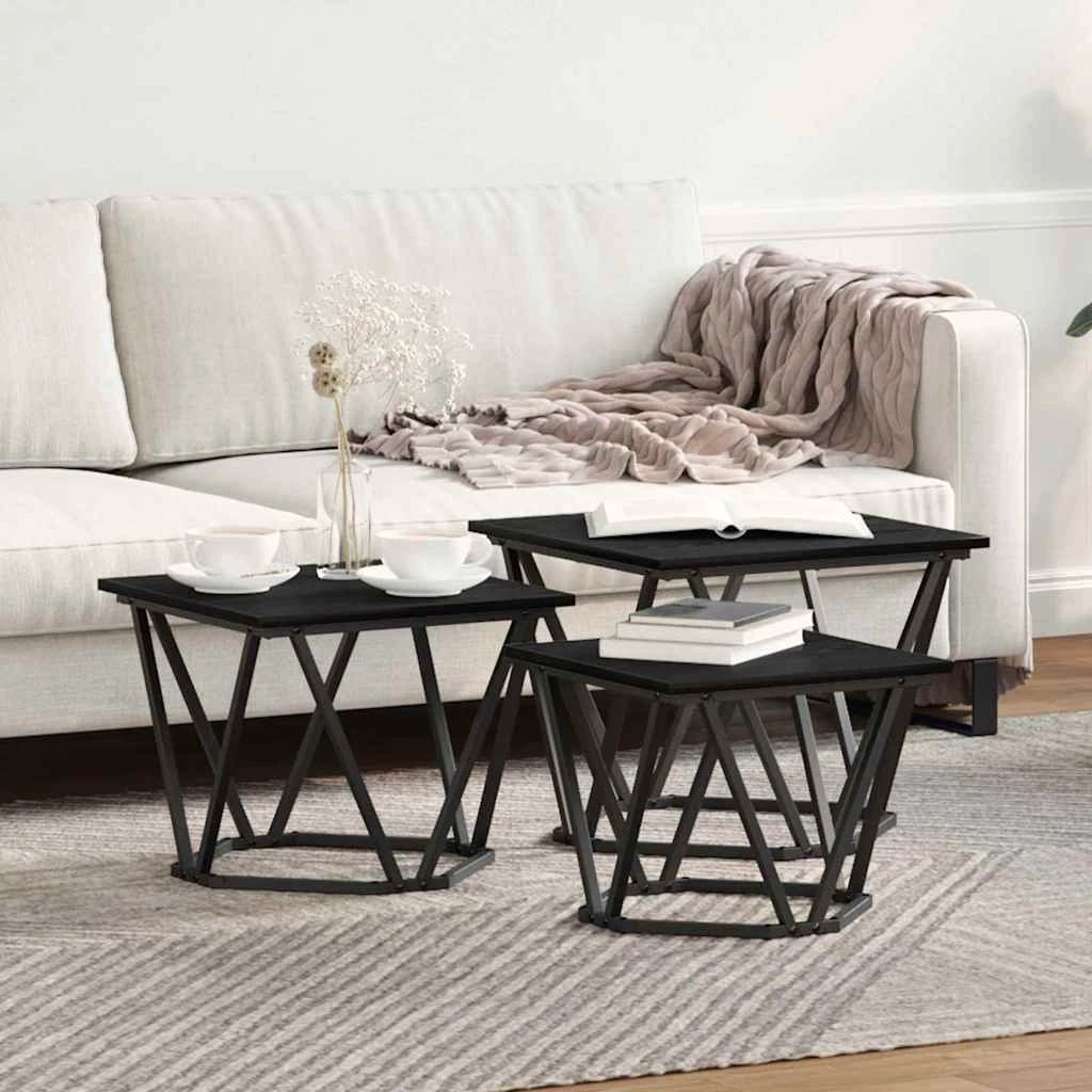 VidaXL Three-Piece Nesting Coffee Tables Black Oak Engineered Wood And Steel Set For Modern Living Rooms by vidaXL