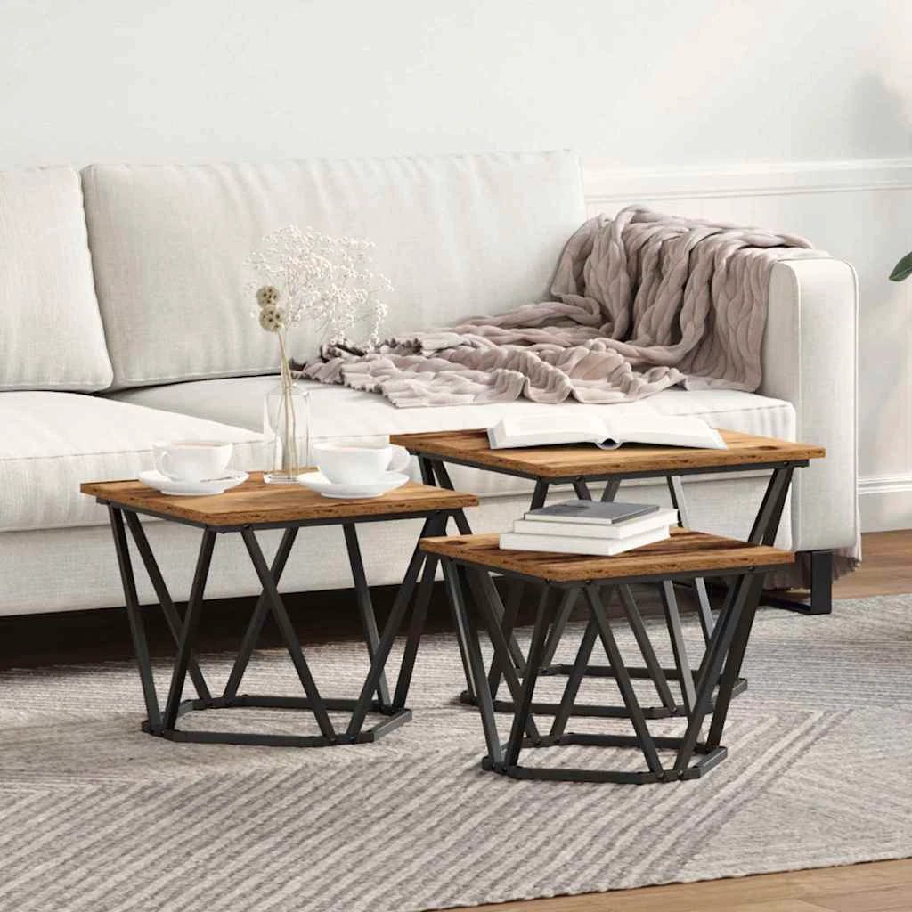 vidaXL VidaXL Three-Piece Nesting Coffee Tables Black Oak Engineered Wood And Steel Set For Modern Living Rooms - Coffee Table