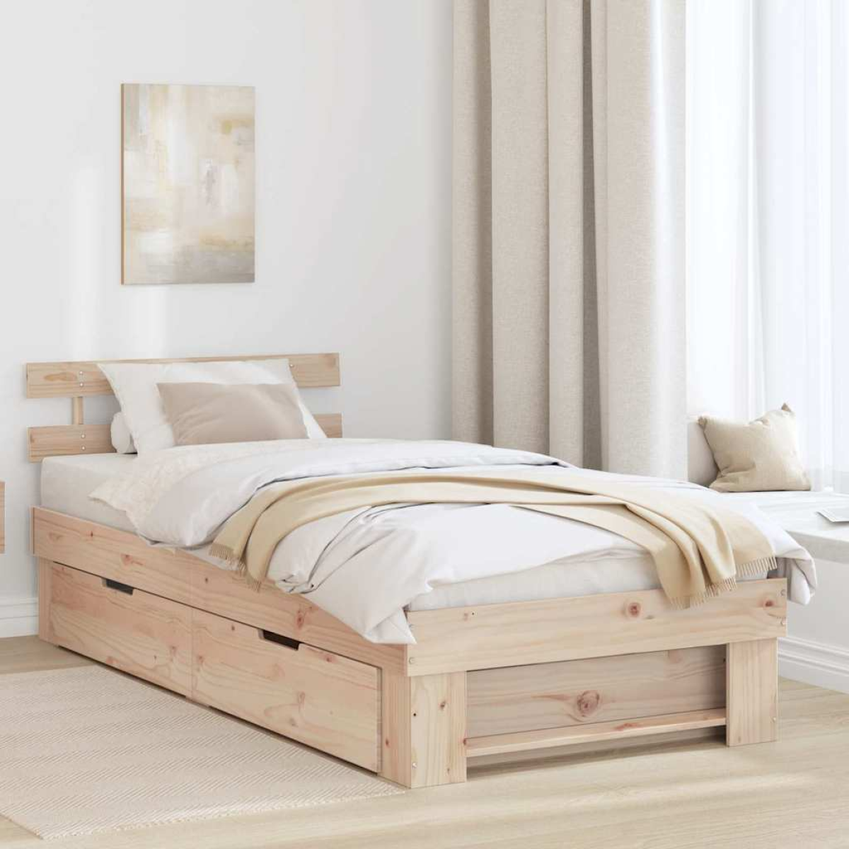 vidaXL Bed Frame with Headboard Natural 100 x 200 cm Solid Pine Wood - from vidaXL
