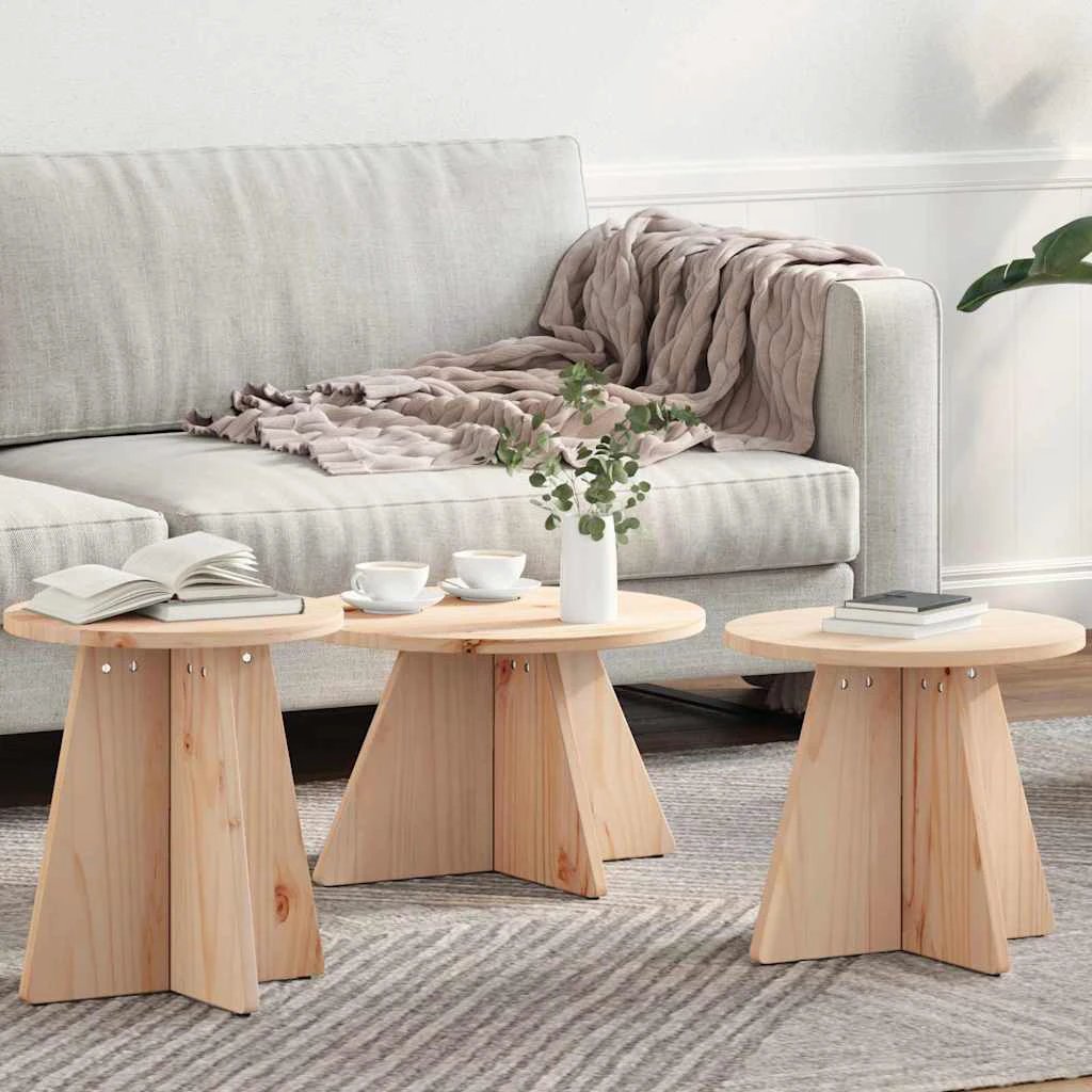vidaXL VidaXL 3-Piece Round Rustic Pine Coffee Table Set Solid Wood For Living Room Home Decor - Coffee Table