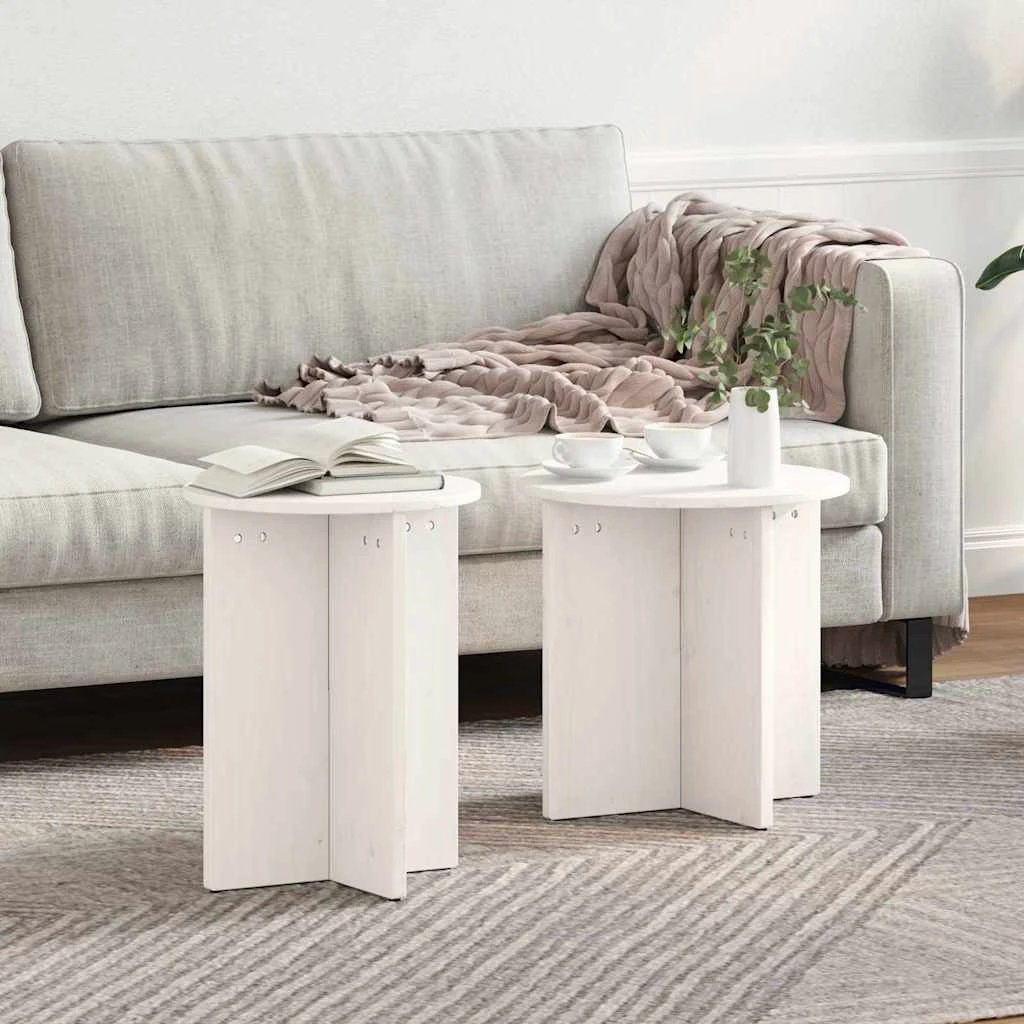 vidaXL VidaXL Rustic Pine Round Coffee Table Set Two Piece Natural Finish Living Room Decor - Coffee Table