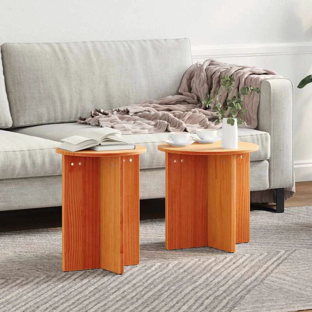 VidaXL Rustic Pine Round Coffee Table Set Two Piece Natural Finish Living Room Decor by vidaXL