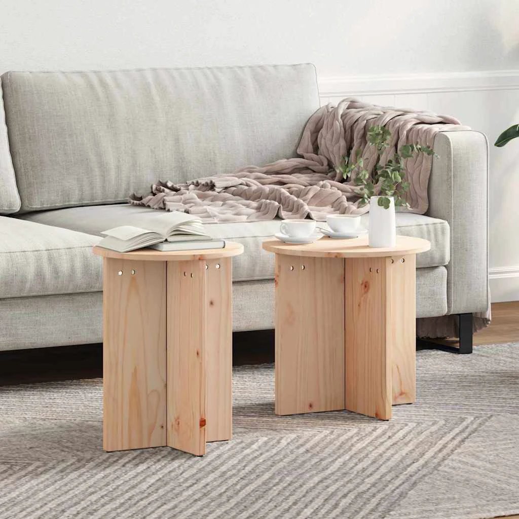 VidaXL Rustic Pine Round Coffee Table Set Two Piece Natural Finish Living Room Decor by vidaXL