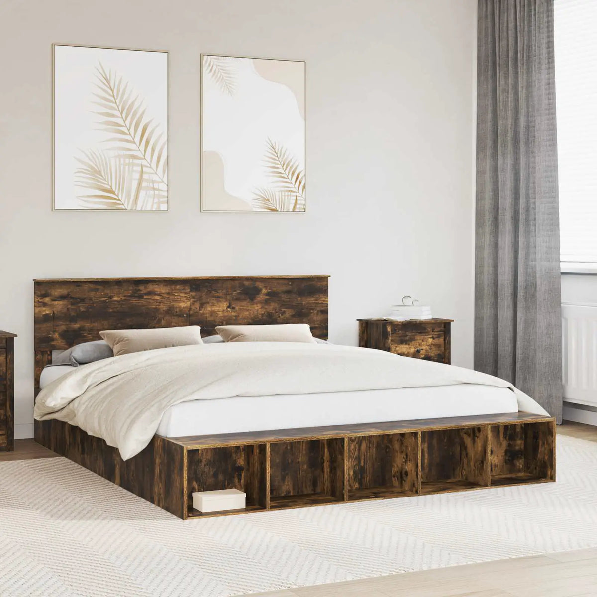vidaXL Bed Frame with Shelf Grey Sonoma 200 x 200 cm Engineered Wood - from vidaXL