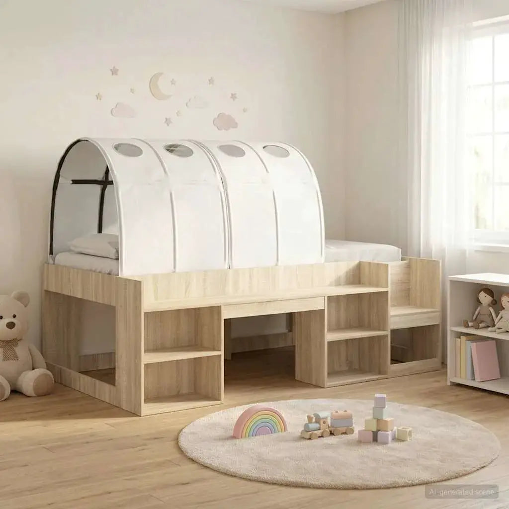 vidaXL Bed Frame with Tunnel with Shelf 3 pcs White and Light Blue - from vidaXL