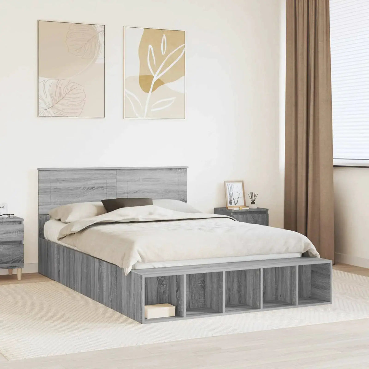 vidaXL Bed Frame with Shelf Grey Sonoma 200 x 200 cm Engineered Wood - from vidaXL