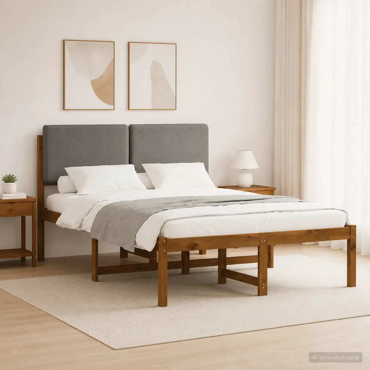 vidaXL Bed Frame with Upholstered Headboard Natural and Light Grey - from vidaXL
