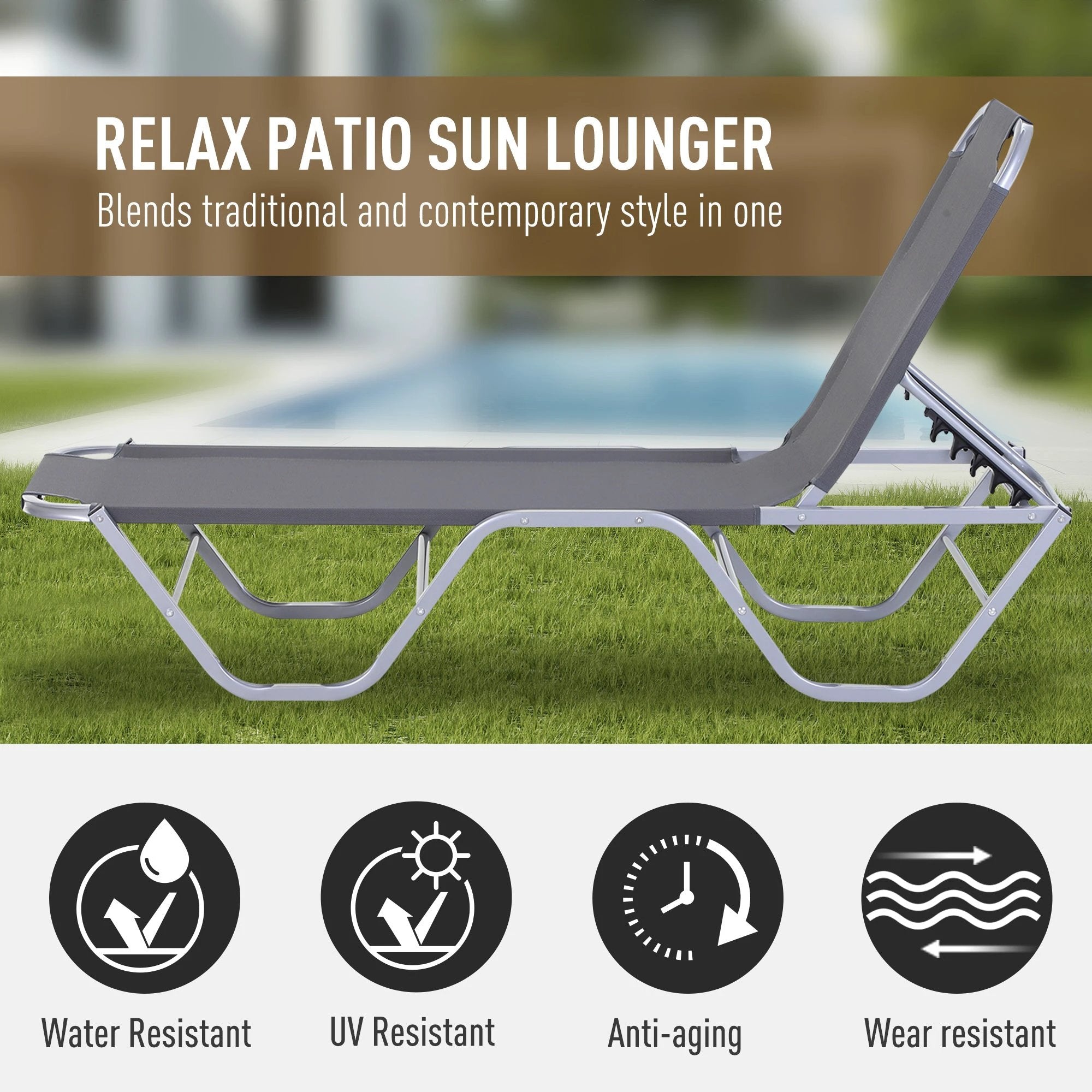 Sun Lounger Relaxer Recliner 5-Position Adjustable Backrest Lightweight Frame by Outsunny