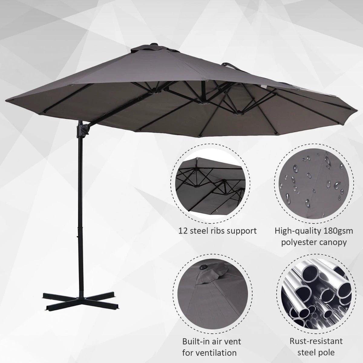 Outsunny Double Canopy Offset Parasol Garden Shade w/ Steel Pole 12 Support Ribs - Parasol